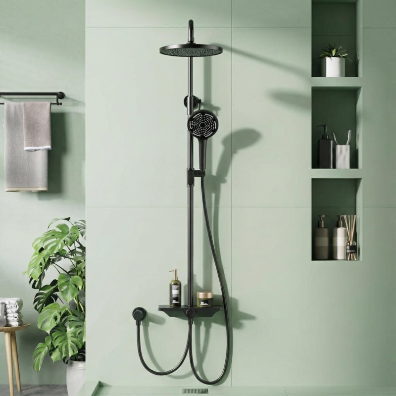 Wall-Mounted Rain Shower System with Shelf, 250mm Round Overhead Head + 3+1 Function Handheld, Height-Adjustable Shower Rail, Stainless Steel/Copper Faucet, Matte Black