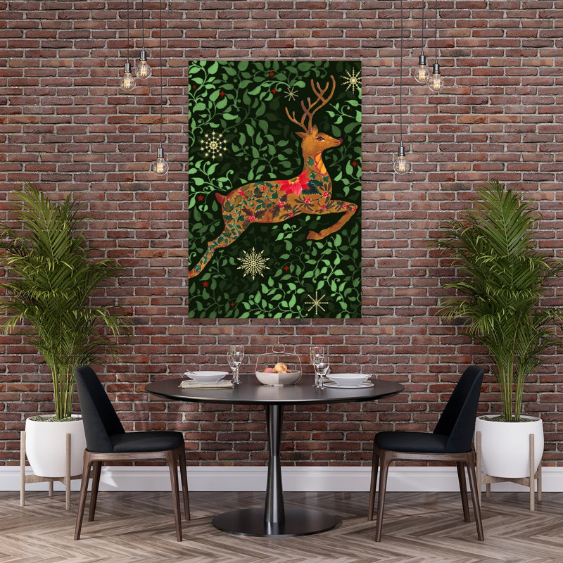 Enchanted Christmas Deer Elegant Abstract Contemporary Deer Poinsettia Forest Nature Wall Art Print 1 Piece Wrapped Canvas Wall Art