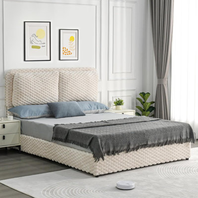 Cloud Bed Frame, Soft Bed Frame with 2 Pillow Headboard, Faux Fur Plush Upholstered Platform Bed Frame