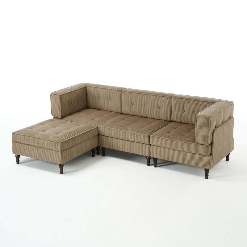 4 - Piece Upholstered Tufted Corduroy Modular Corner Sofa with Pillow Back and Removable Flip-Tray Top Storage Ottoman 