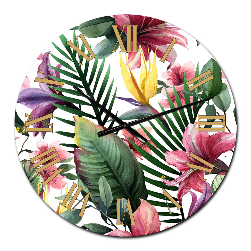 Fleurs tropicales rouges sur fond blanc II - Horloge murale traditionnelle, Moyen