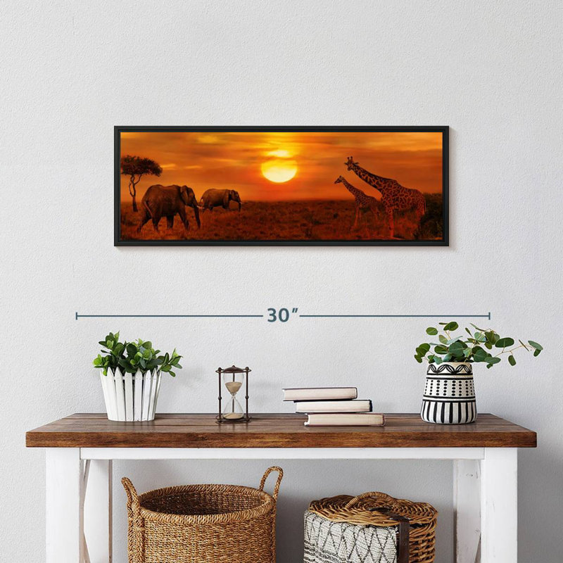 African Safari Whitmer Sunset, 25" X 9", Floating Frame Black