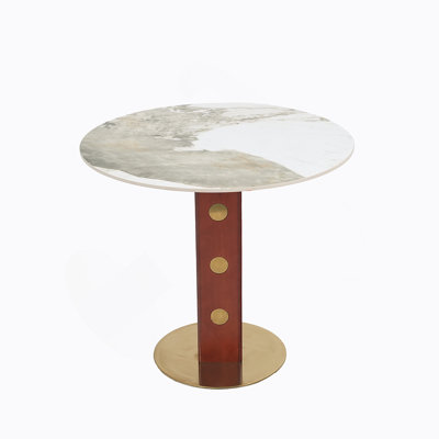 Modern Round Dining Table, 33.5" Sintered Stone Table With Wooden Leg & Gold Base, 2 - Person Kitchen Table For Small Space, 150Lbs Weight Capacity(Only The Negotiation Table)