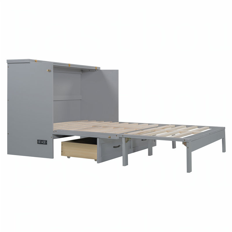 Lit escamotable avec grands tiroirs Murphy, Gris, Grand lit
