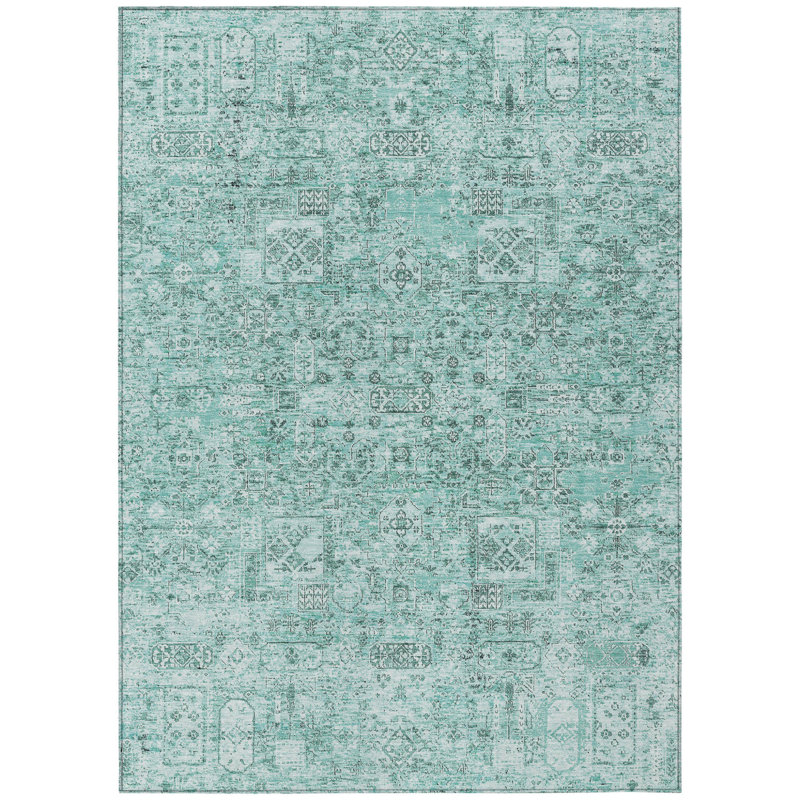 8' X 10' Teal Blue Aqua And Gray Floral Washable Indoor Outdoor Area Rug, Rectangle 8' X 10'