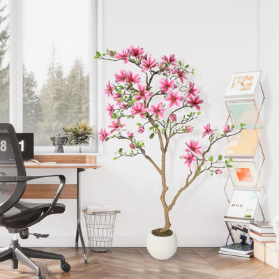 6FT Artificial Magnolia Tree with Pink Blossoms, Faux Indoor Outdoor Decor