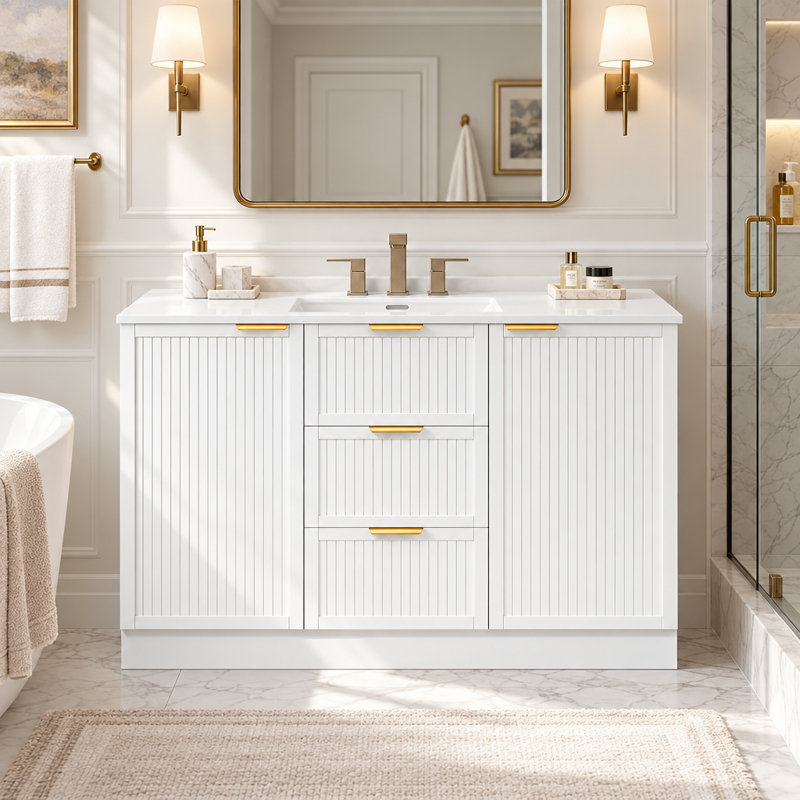 Meuble-lavabo autoportant blanc de 121,4 cm (47,8 po), en MDF à panneaux cannelés, avec 2 tiroirs et 2 portes, charnières à fermeture amortie, étagères réglables et tablette de rangement double intégrée à la porte.