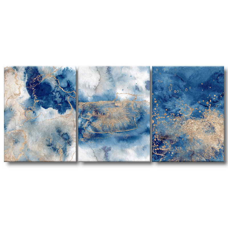 Art mural en marbre bleu doré, ensemble abstrait moderne - nuages de marbre bleu et or III, H 36 po x l 72 po x P 1 po