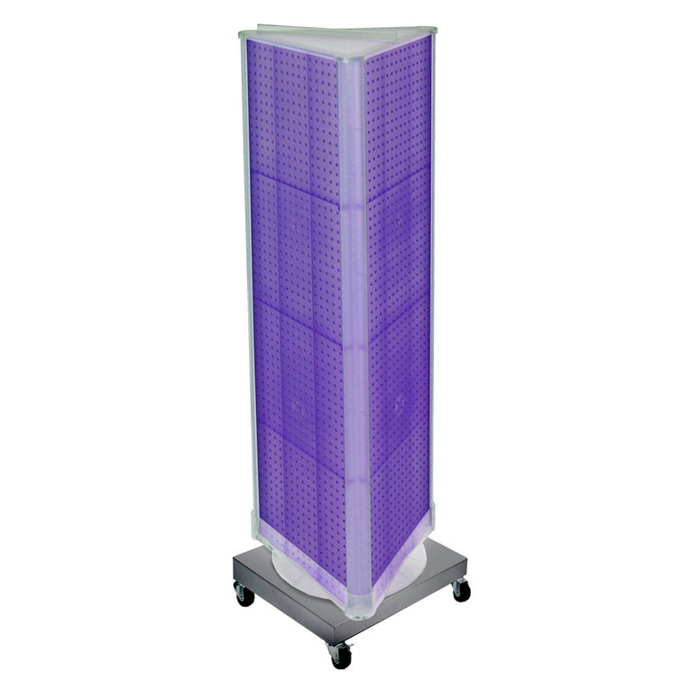 Three-Sided Revolving Pegboard Tower Floor Display on Wheeled Metal Base. Spinner Rack Stand. Panel Size: 16"W x 60"H