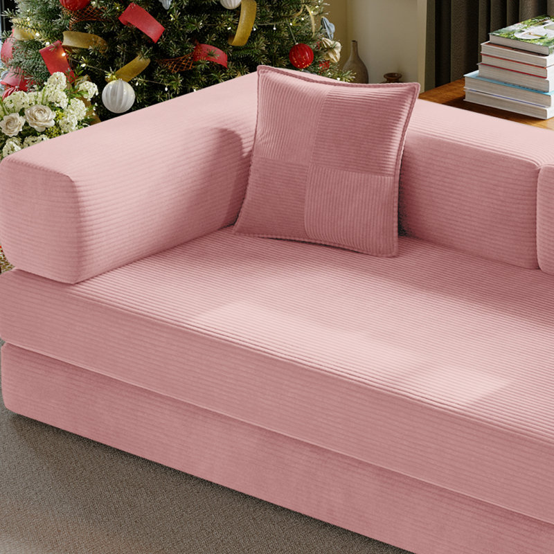 Canapé-lit rembourré 78,8 po en velours côtelé avec accoudoirs et coussin, Rose