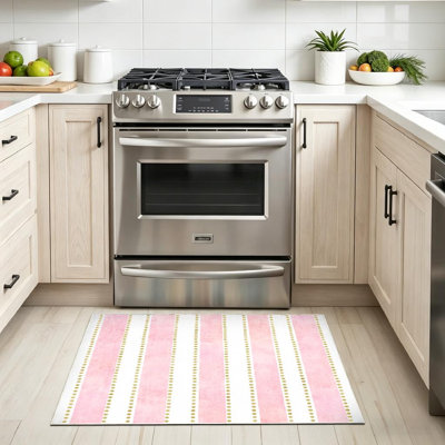 Pink Machine Washable,Light Watercolor Stripes Ornamental Gold Abstract Art Indoor Area Rug