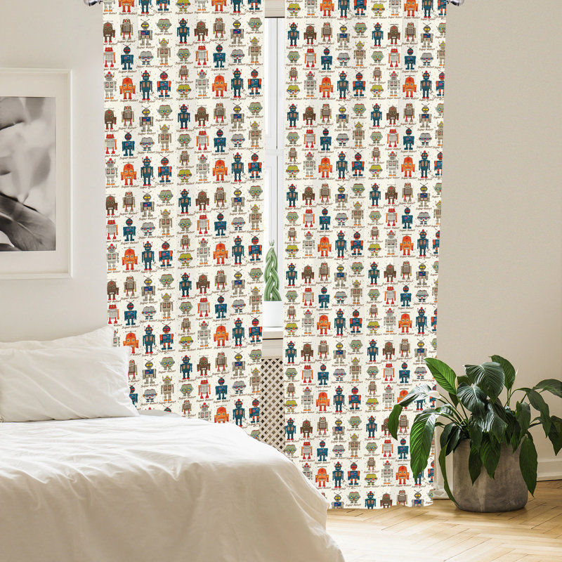 Robot Print Semi-Sheer Polyester Rod Pocket Curtain Panels