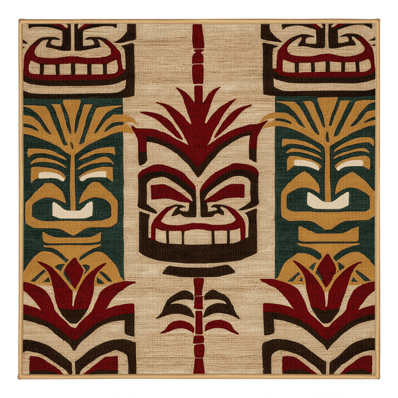 Washable Tiki Faces Hawaiian Area Rug, Square 5'