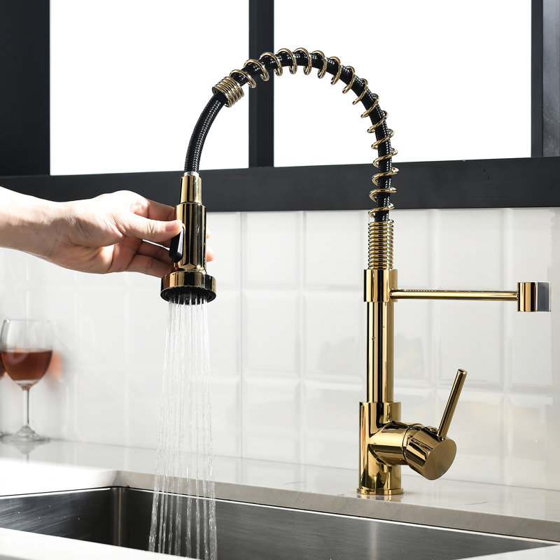 Robinet de cuisine noir et doré avec tirette vers le bas - à impact, alimentation en eau stable, fonctions de jet polyvalentes, construction contemporaine de l'évier, humidité, motif efficace