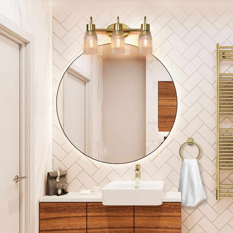 5-Piece All-In-One Matte Brass Bathroom Kit With 19" 3-Light Vanity Light And Ribbed Glass Shades
