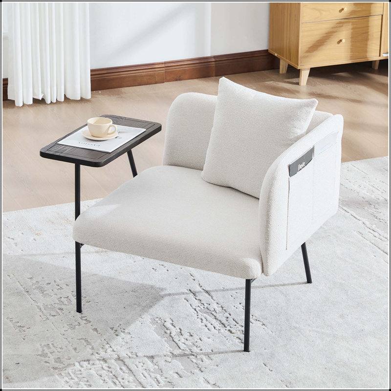 Chaise de loisir avec petite table et poches latérales - Tissu en lin, Lin beige