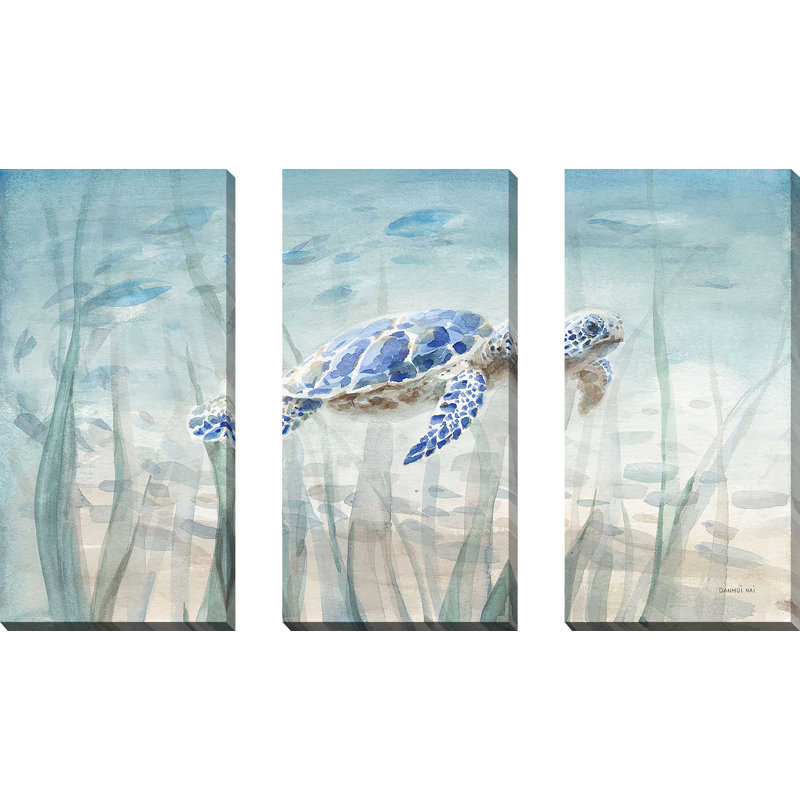 "Tortue sous-marine" par Danhui Nai, reproduction sur toile 3 pièces, H 32 po x l 48 po x P 1 po