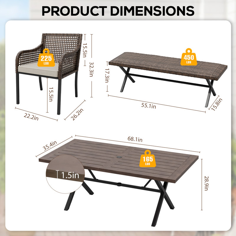 6 Pieces Patio Dining Sets with Rectangular Table & Bench