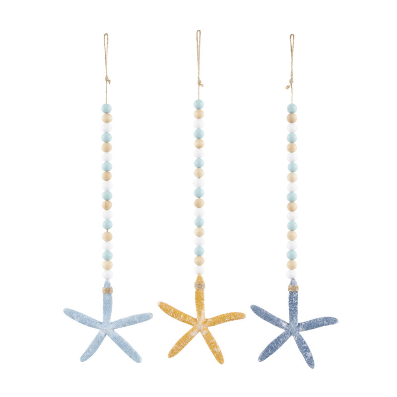 Wood Handmade Textured Starfish Blue Wall Decor with Long Beaded Hanging Rope, 25" H x 6.3" D x 1" D