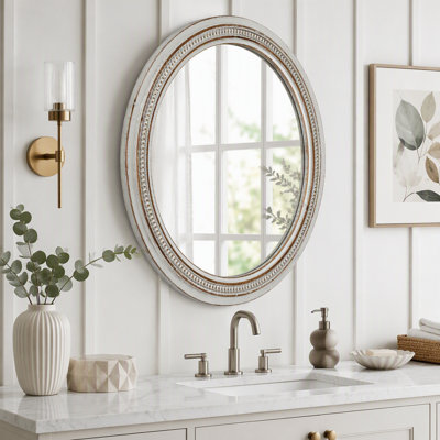 Vintage Round Wall Mirror with Distressed White Frame 31.50"