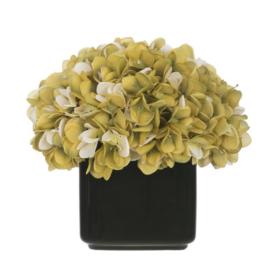 Hortensia artificiel dans un vase cubique en céramique noir brillant
