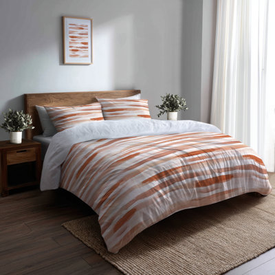 Abstract Bedding Set 3 Pcs - Brown Boho Earthy Striped Duvet Cover And Throw Pillow Set