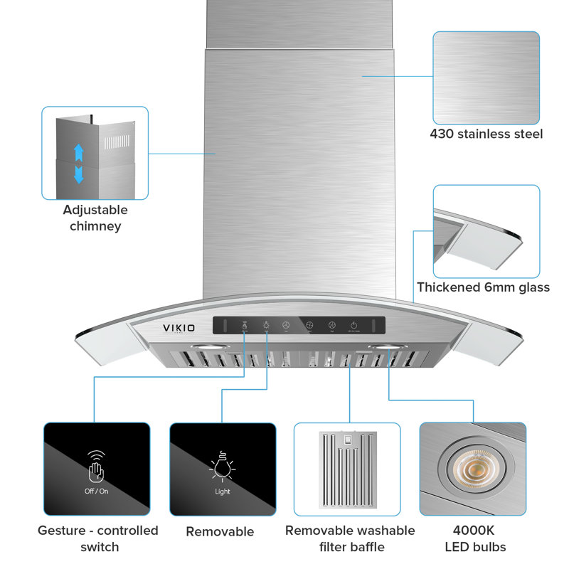 VIKIO 30" 600 CFM Ducted Wall Mount Range Hood in Stainless Steel with LED Lights, Baffle Filter and Gesture control