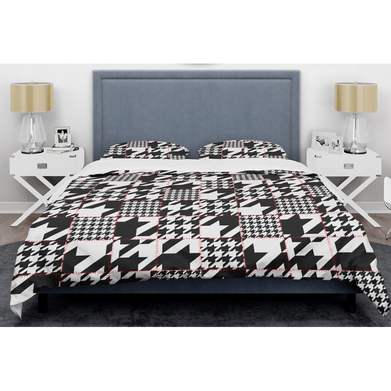 Ensemble de housse de couette Heart Mid-Century, Housse de couette simple + 1 taie décorative, Pied-de-poule classique