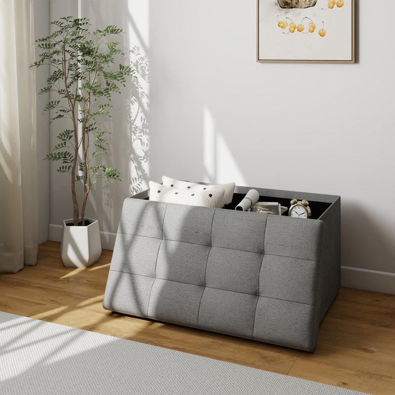 Folding Storage Ottoman Bench, 30" Large Capacity Foot Stool, Wooden Top, Light Gray Linen, Leather, Light Gray-30"