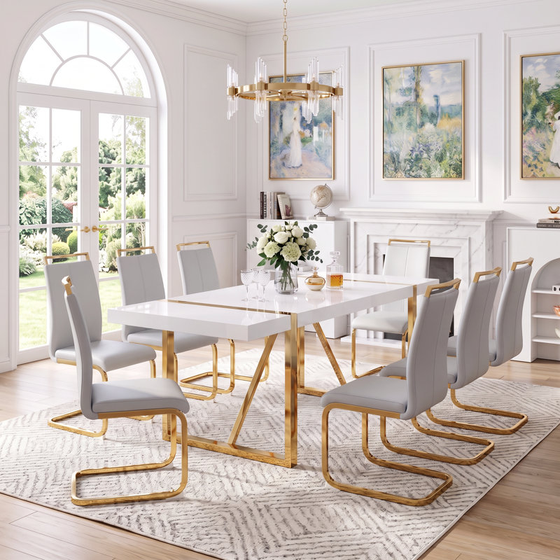 9-Piece Modern Glam Rectangular High-Gloss Dining Set with Faux Leather Cantilever Chairs, 9 Pieces: Table, 8 Chairs
