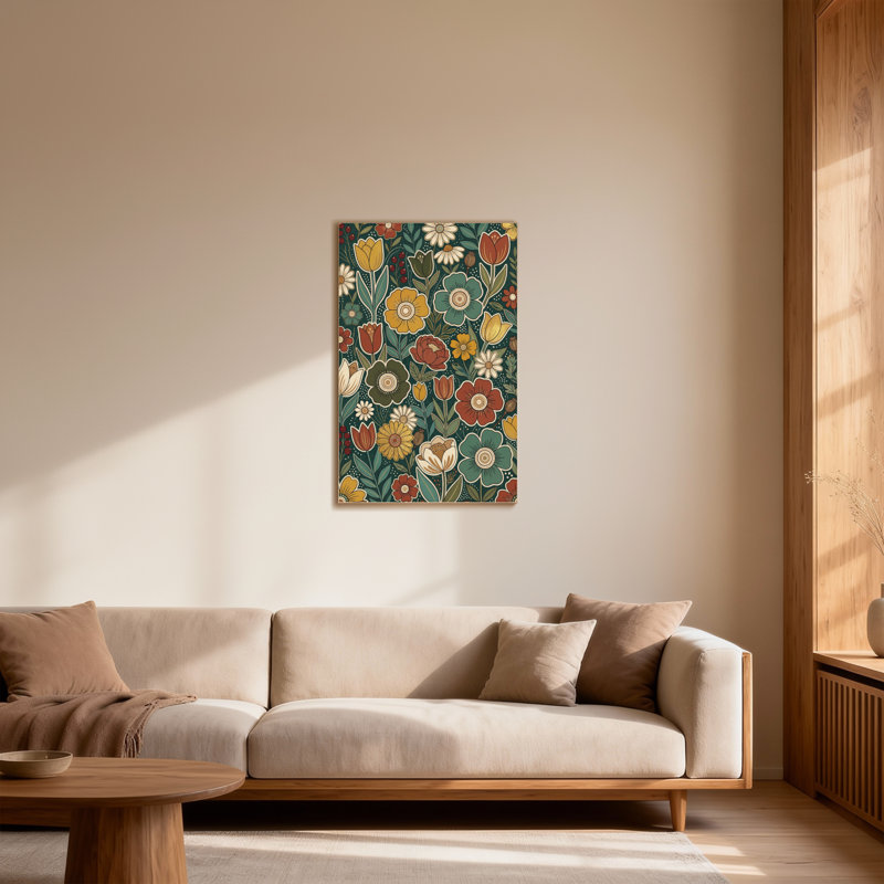 Motif floral de plantes et de fleurs avec des fleurs et des feuilles colorées, H 16 po x l 24 po