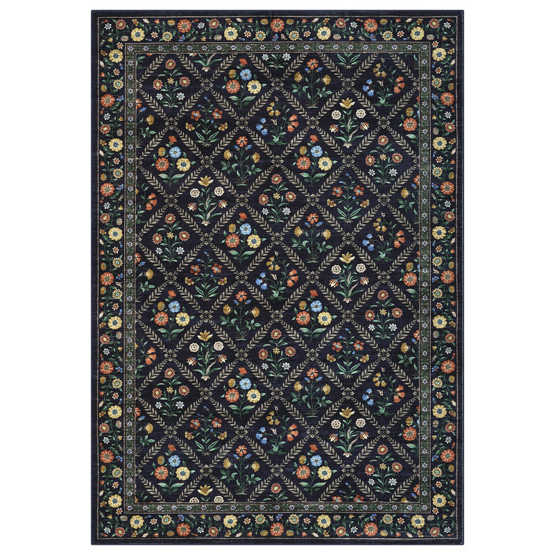 Machine Washable Bordered Rug Non Slip Rug Floral Foldable Rugs for Living Room Bedroom Playroom Nursery Dorm, Blue