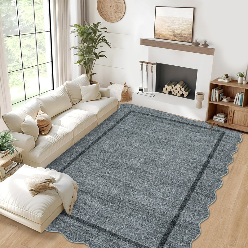 Scalloped Machine Washable Rug Non-Slip Bordered Floor Mats Non-Shedding Soft Low Pile Modern Accent Rugs for Living Room Bedroom Office