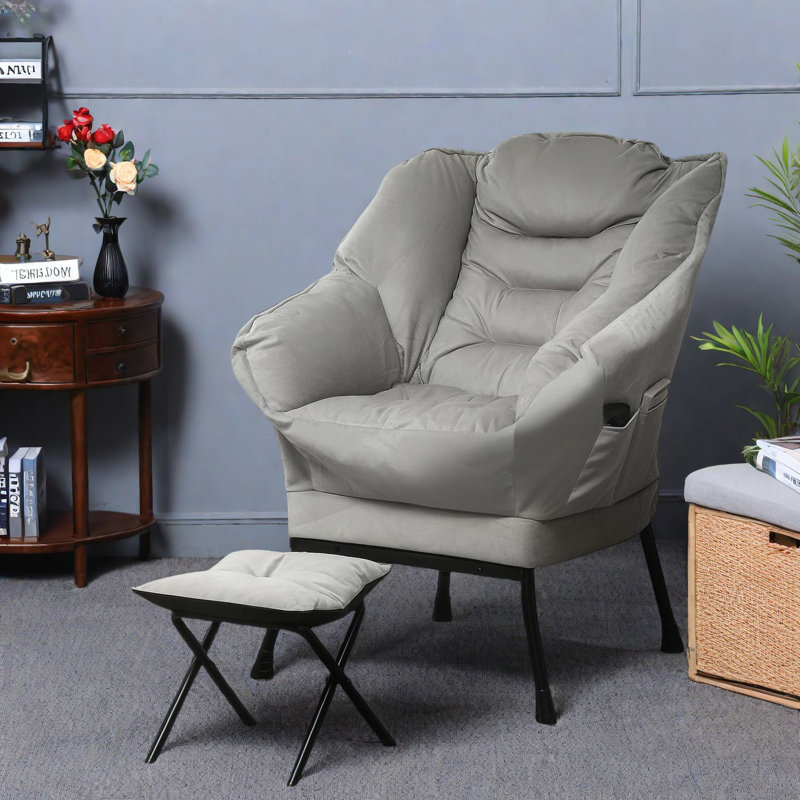 Fauteuil d'appoint confortable, velours avec cadre en acier et rangement, gris moderne