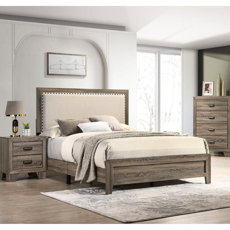 Lit double moderne avec tête de lit tapissier grise et structure en tissu robuste, Lit double, Gris