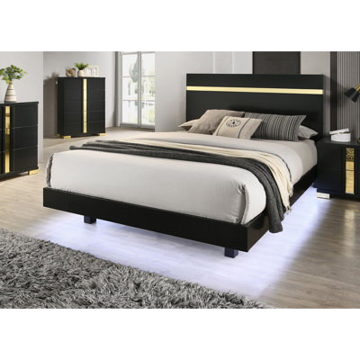 Modern 3pc Bedroom Set Bed w LED 2x Nightstands Mattress Ready Furniture Acrylic Trim