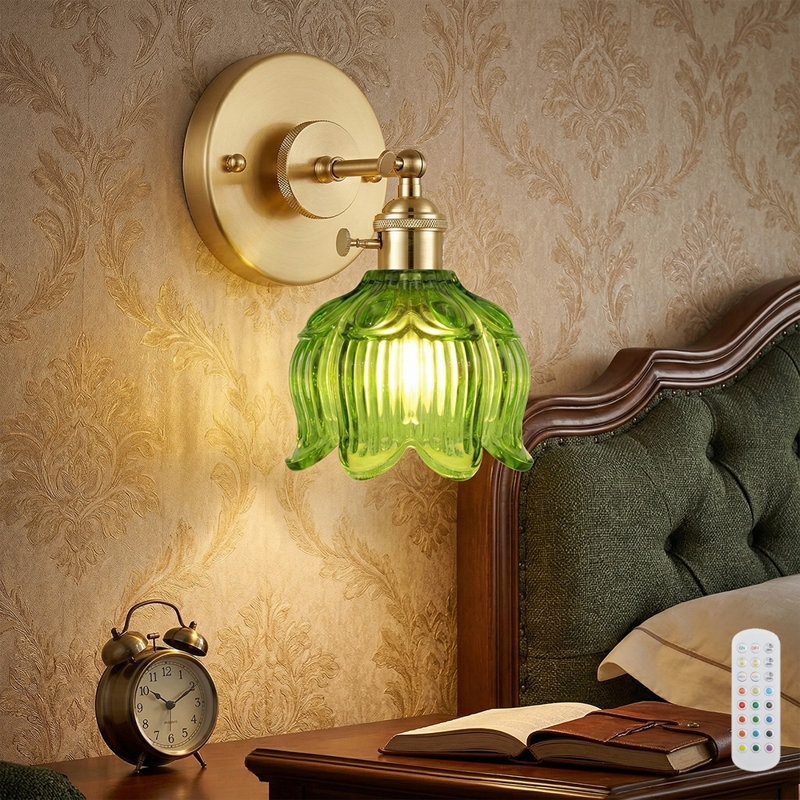2-in-1 Wireless or Hardwired Wall Sconce with Remote, Vintage Brass & Green Floral Glass Shade Wall Light. Battery Operated Rechargeable RGB LED Adjustable Bedside Lamp with Timer & Dimmable Bulb