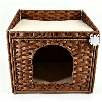 Lit en rotin de polyuréthane tissé à la main avec coussin et coussin moelleux tissé à la main L 20,5 po x l 18,5 po x H 19,1 po, bac à litière caché avec structure en métal, mobilier de maison de chat pour salon, brun
