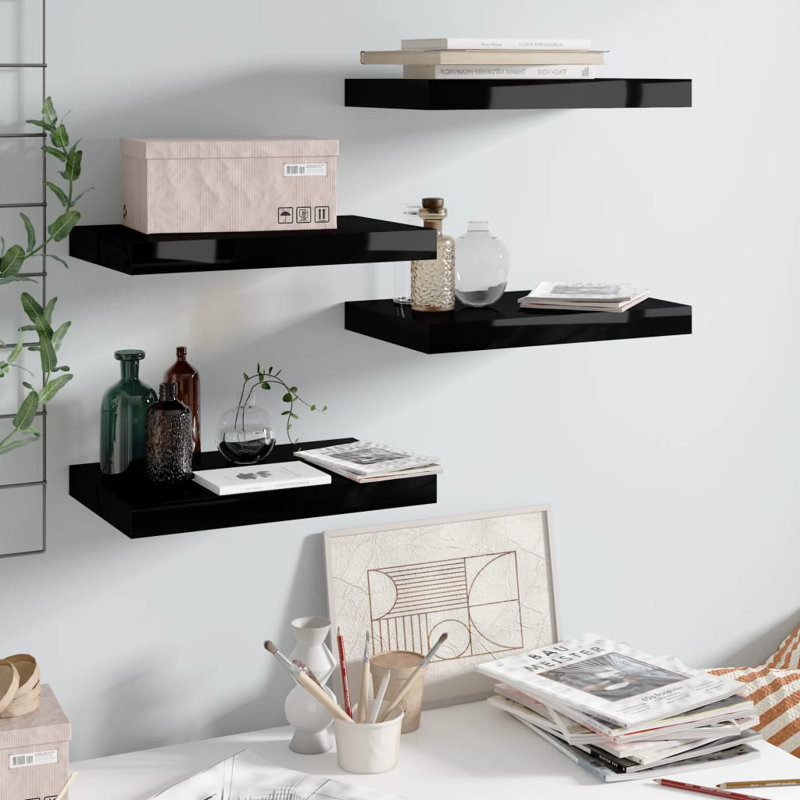 Wall Shelf  Wall Mounted Display Shelf for Photo Frame Set of 4, High Gloss Black, 1.5" H x 9.1" W x 9.3" D