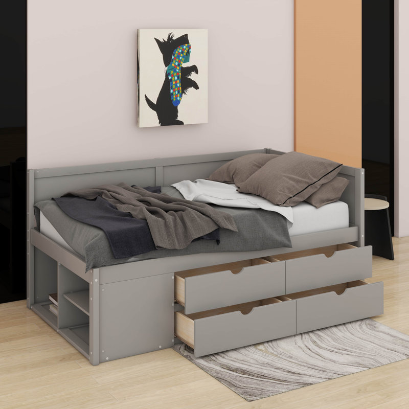 Lit de jour simple avec tiroirs et tablettes, gris, Simple