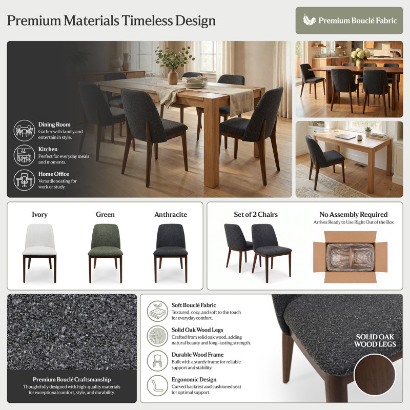 Modern Boucle Upholstered Dining Chair with Solid Oak Legs, Fully Assembled, Anthracite
