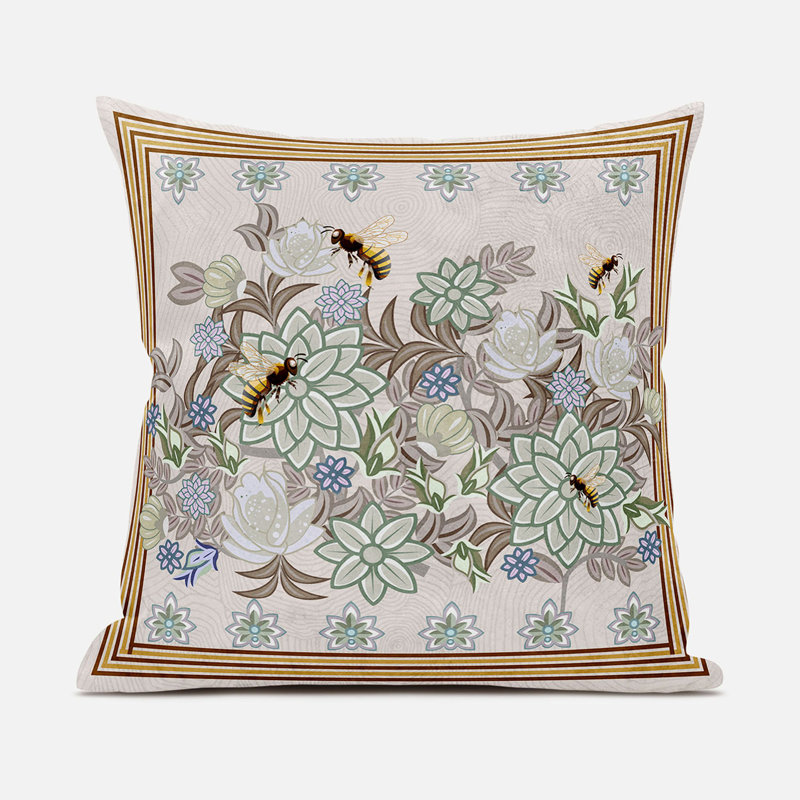 Honeybee On Flower Outdoor Reversible Throw Pillow, 18" x 18", Green/Brown