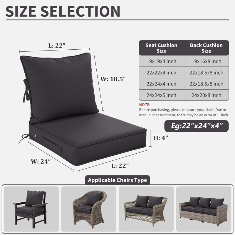 Outdoor Deep Seating Cushion Set Indoor And Outdoor Seat / Back Cushion, Available In 4 Sizes, 22" H x 24" W, Gray