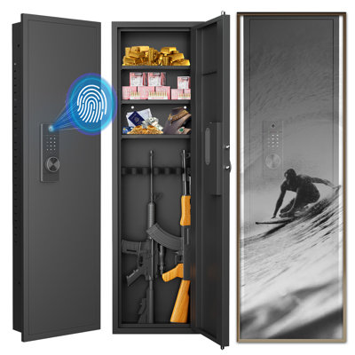 53" In Wall Safe with Biometric Fingerprint Lock & Digital Keypad, Hidden Wall Mounted Security Cabinet, Steel Concealed Storage Safe for Home Office Valuables