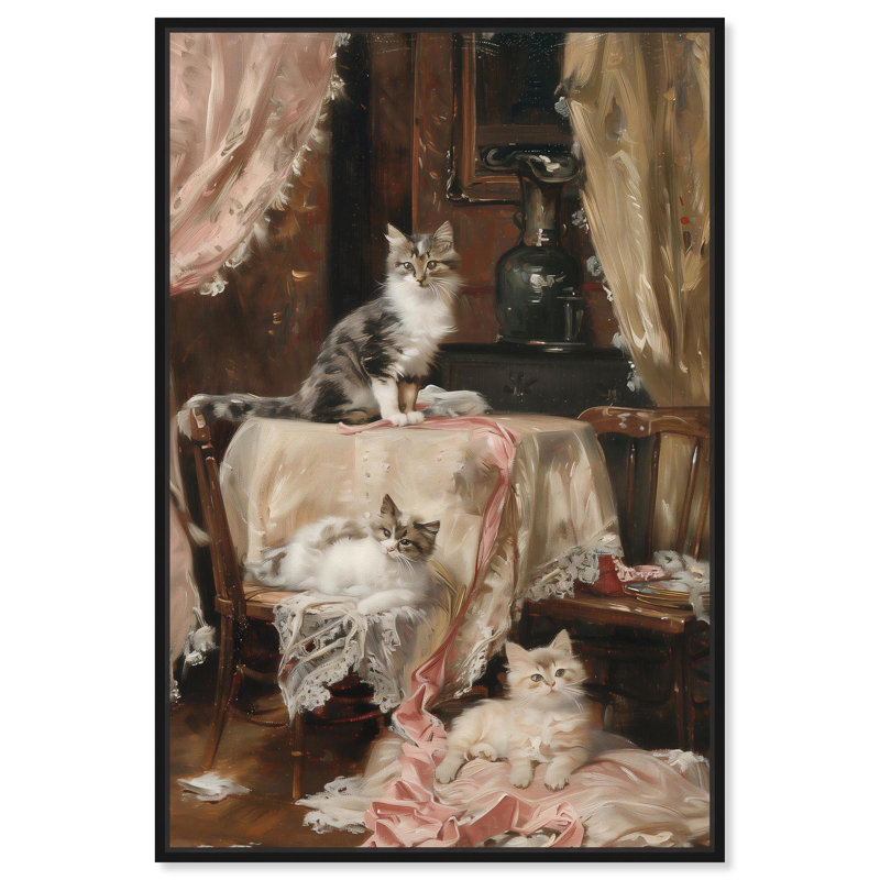 «Kittens at the Table» par Art Remedy, H 55 po x l 37 po, Cadre flottant, Noir