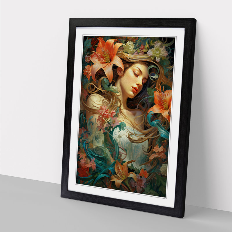 Lily Flower Rococo - Single Picture Frame Print on Wood, Black Framed, 64cm H x 46cm W x 2cm D