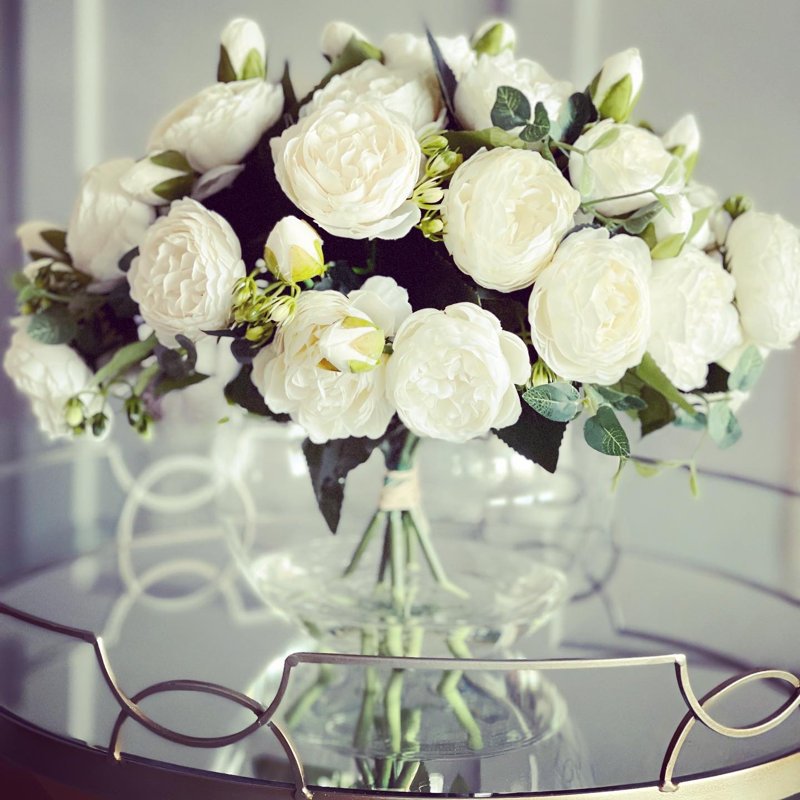Rose Peony Arrangement Artificial Faux Centerpiece, White
