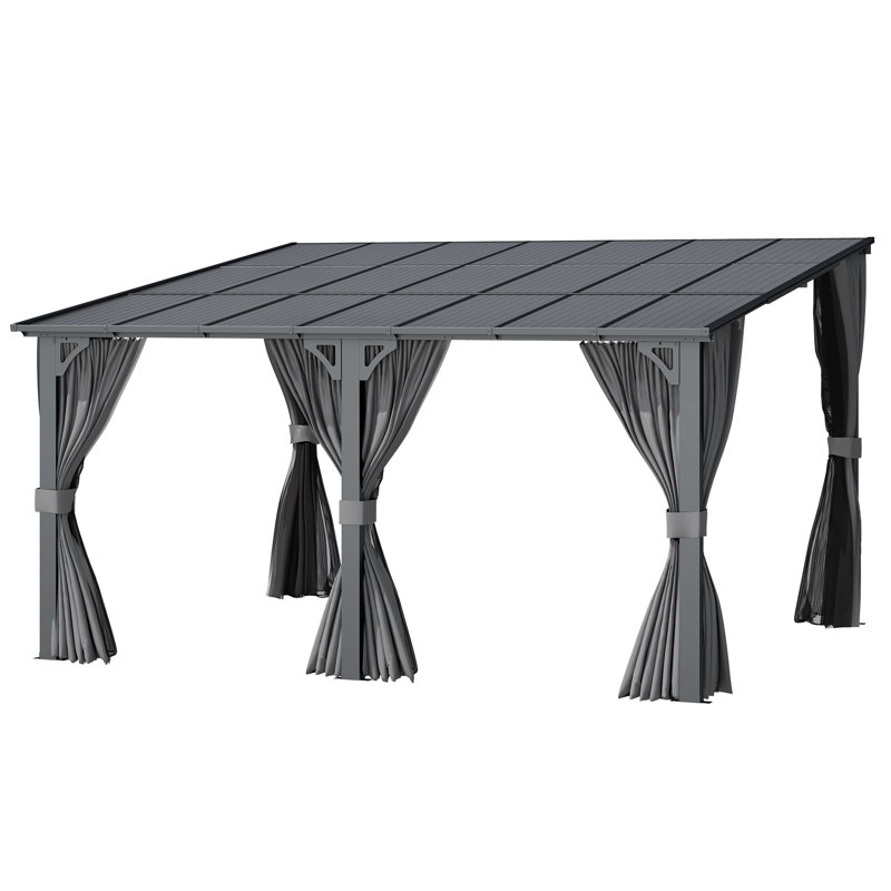 Lean-To Wall-Mounted Pergolas With Curtains And Netting, 96" H x 168" W x 144" D