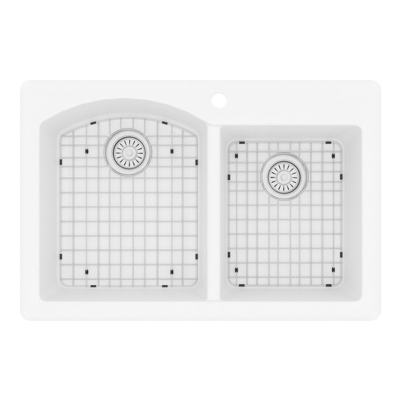 Karran Quartz 33'' X 22'' Double Bowl 60/40 Top Mount Drop-in Kitchen Sink Kit, White
