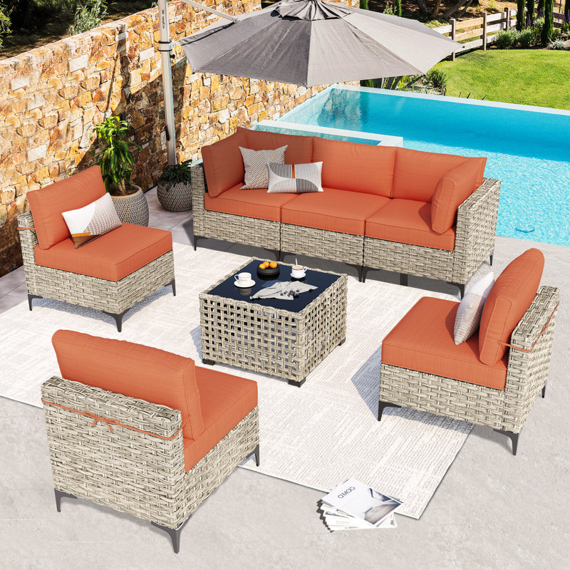 6 - Person Outdoor Seating Group With Cushions, Orange Glass